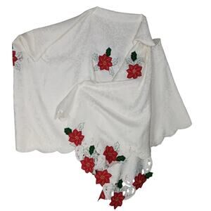 Christmas Embroidered Table Cloth White With Red Ponsettias Sewn On 60" x 120"